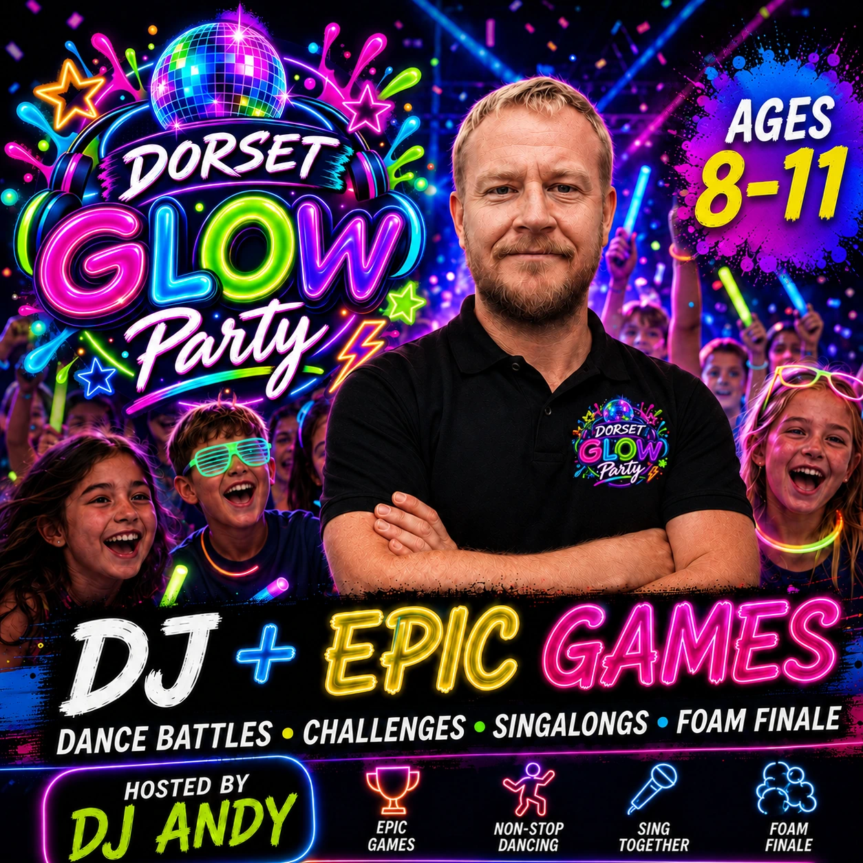DJ Andy hosting the Dorset Glow Party ages 8 to 11 DJ and epic games experience