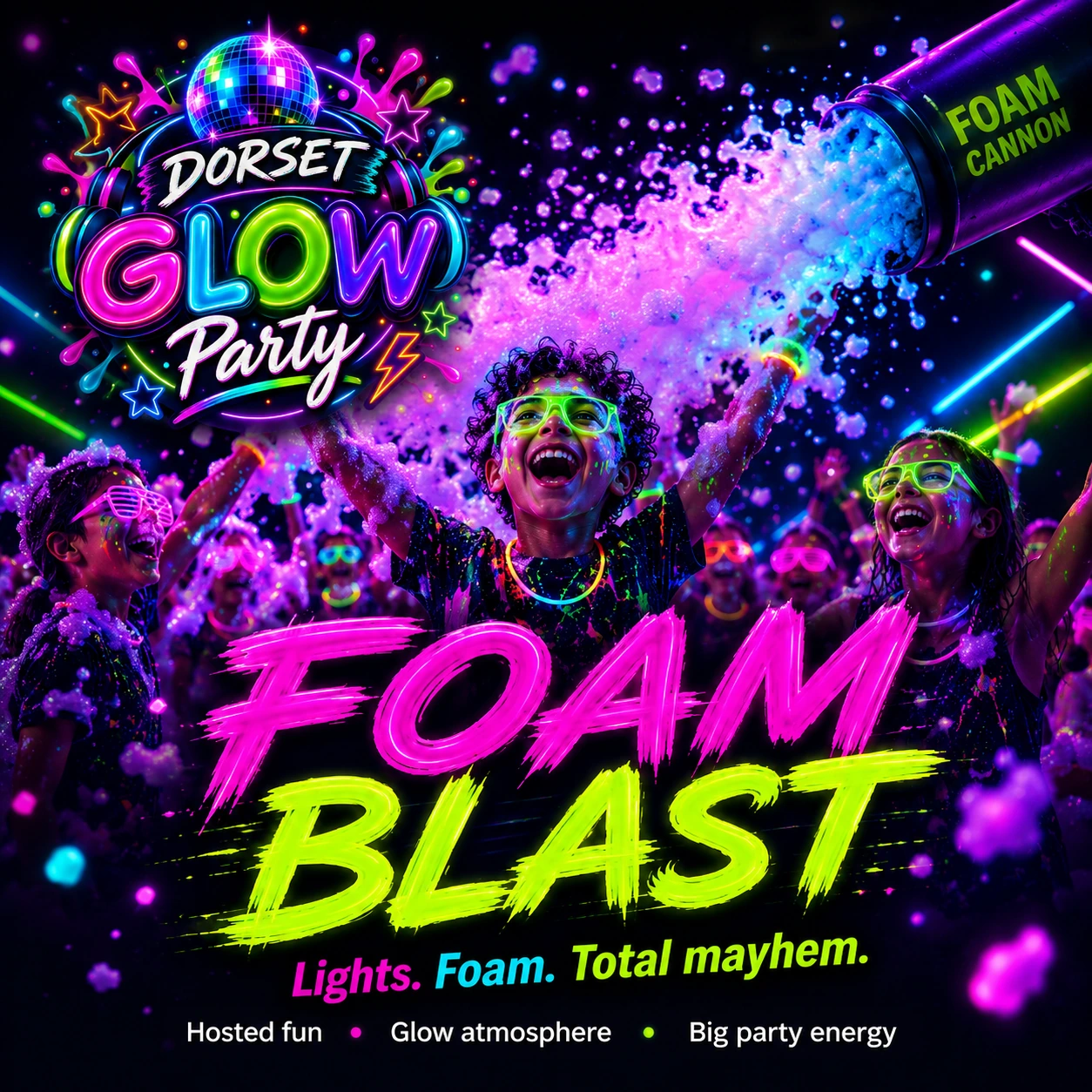 Dorset Glow Party foam blast artwork