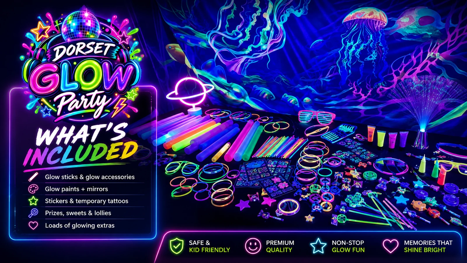 Dorset Glow Party included glow sticks, glow paints, mirrors, stickers, temporary tattoos, prizes, sweets and lollies