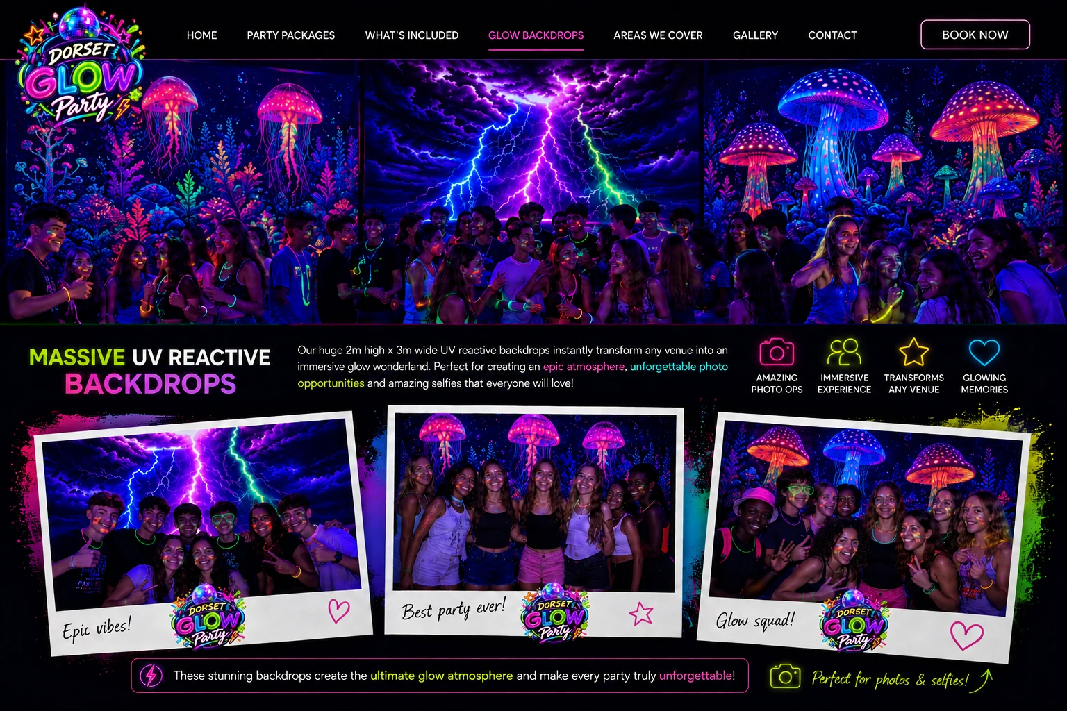Dorset Glow Party 12+ Glow Club with three huge UV reactive lightning, jellyfish and mushroom backdrops and groups taking photos and selfies